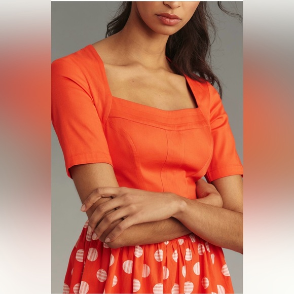 Anthropologie Maeve Vibrant Short sleeve square neck red polka dot mini Dress - Picture 2 of 11